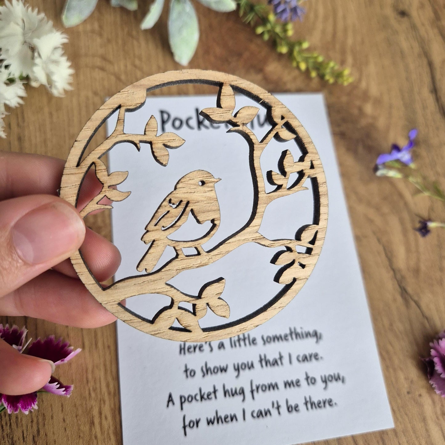 Handcrafted wooden robin pocket hug with memorial messages, perfect keepsake gift to send to loved ones.