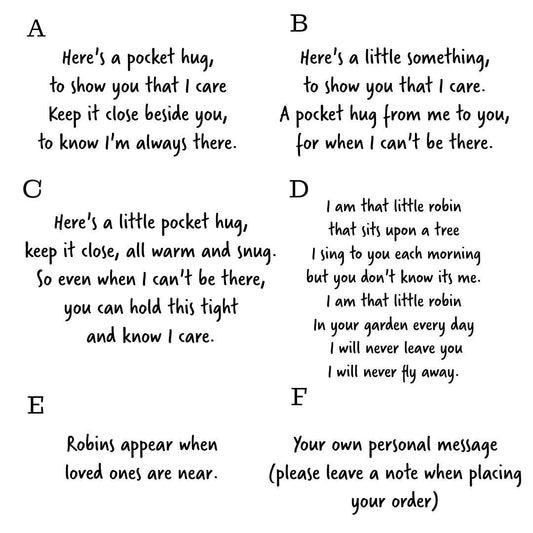 Mini robin pocket hug with engraved details, ideal as a bereavement or thinking-of-you token