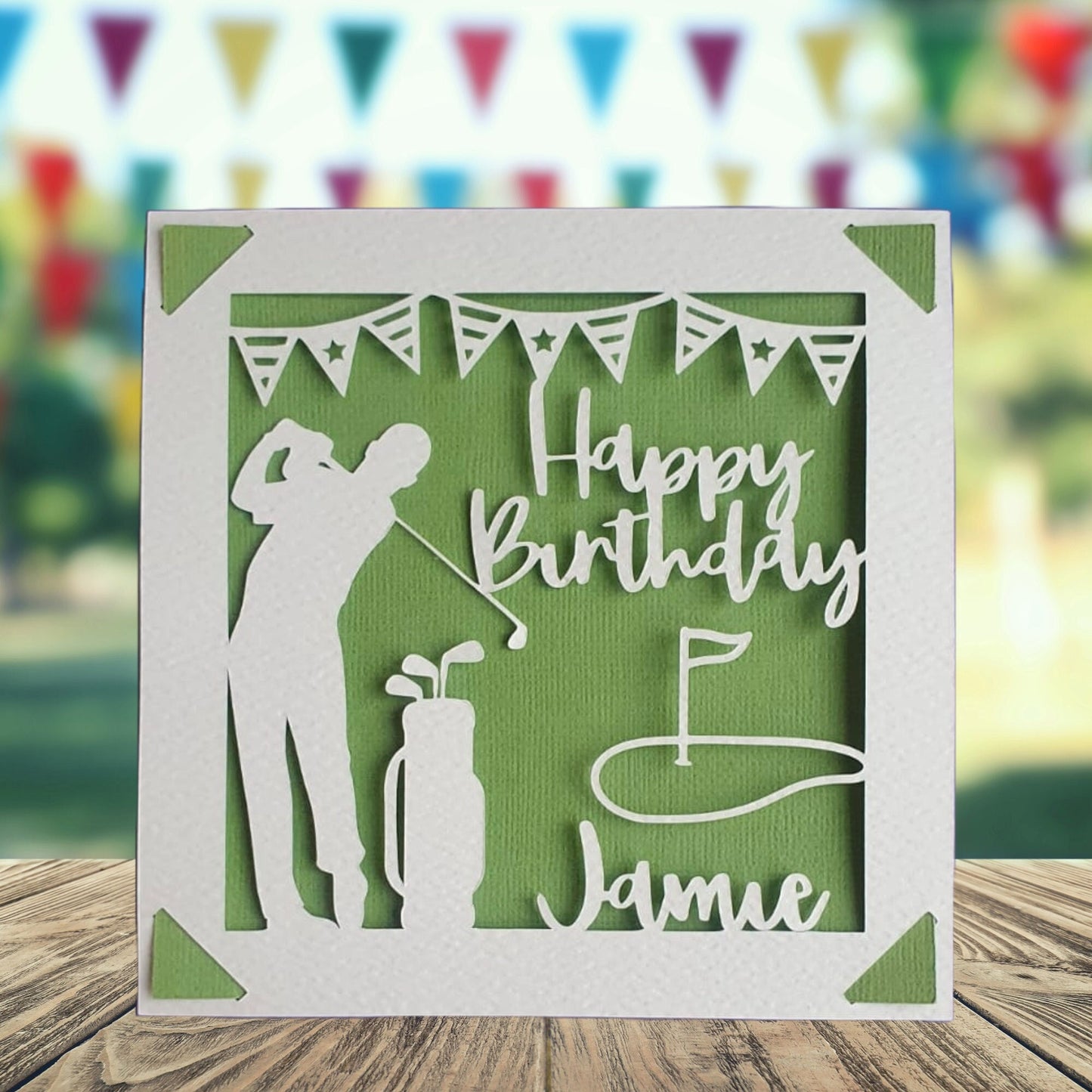 A personalised birthday card with a green and white colour scheme, featuring an illustration of a golfer with a golf club, with the text 'Happy Birthday' and a space to add a name and age if required.
