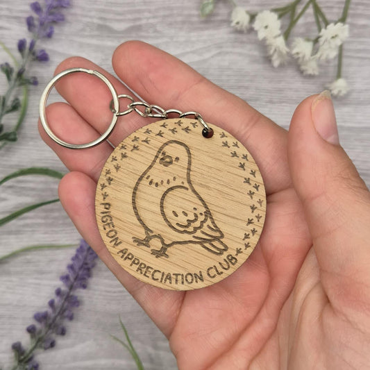 Pigeon Keyring: Engraved Pigeon Appreciation Club Keychain