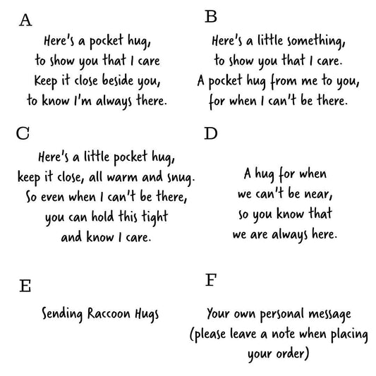 Engraved wooden raccoon pocket hug. The perfect gift to say I'm thinking of you, or to give someone a hug through the post.