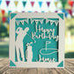 A personalised golfing birthday card for someone who loves golf. The card is fully customisable with the recipient's name. The card features a figure playing golf, with their golf club, bag and a cut out of a golf hole with flag. The background colour is turquoise.