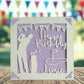 A personalised golfing birthday card for someone who loves golf. The card is fully customisable with the recipient's name. The card features a figure playing golf, with their golf club, bag and a cut out of a golf hole with flag. The background colour is purple.