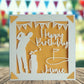 A personalised golfing birthday card for someone who loves golf. The card is fully customisable with the recipient's name. The card features a figure playing golf, with their golf club, bag and a cut out of a golf hole with flag. The background colour is orange.