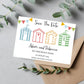 A colourful save the date wedding invitation with beach hut designs, personalized with names and wedding date, displayed next to a brown envelope.