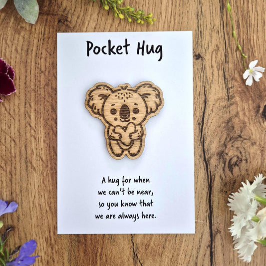 Engraved wooden koala bear pocket hug. The perfect gift to say I'm thinking of you, or to give someone a hug through the post.