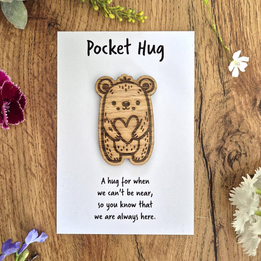 Engraved wooden bear pocket hug. The perfect gift to say I'm thinking of you, or to give someone a hug through the post.