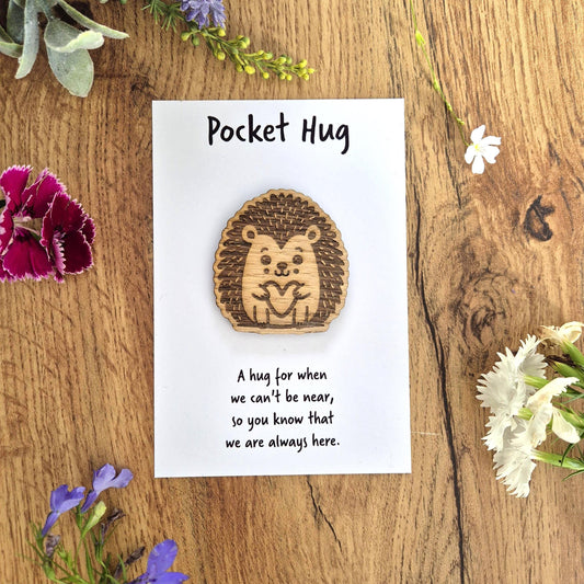 Engraved wooden hedgehog pocket hug. The perfect gift to say I'm thinking of you, or to give someone a hug through the post.