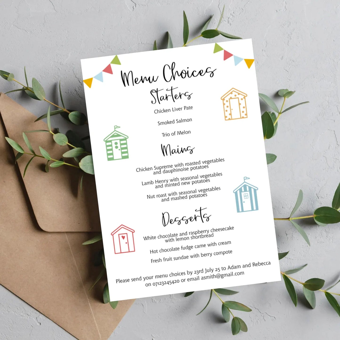 Beach Hut Themed Wedding Invitation with Information & Menu Choices