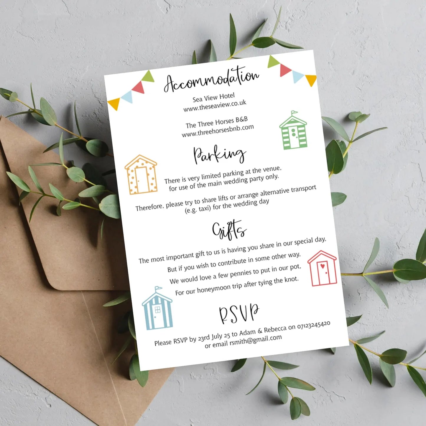 Beach Hut Themed Wedding Invitation with Information & Menu Choices