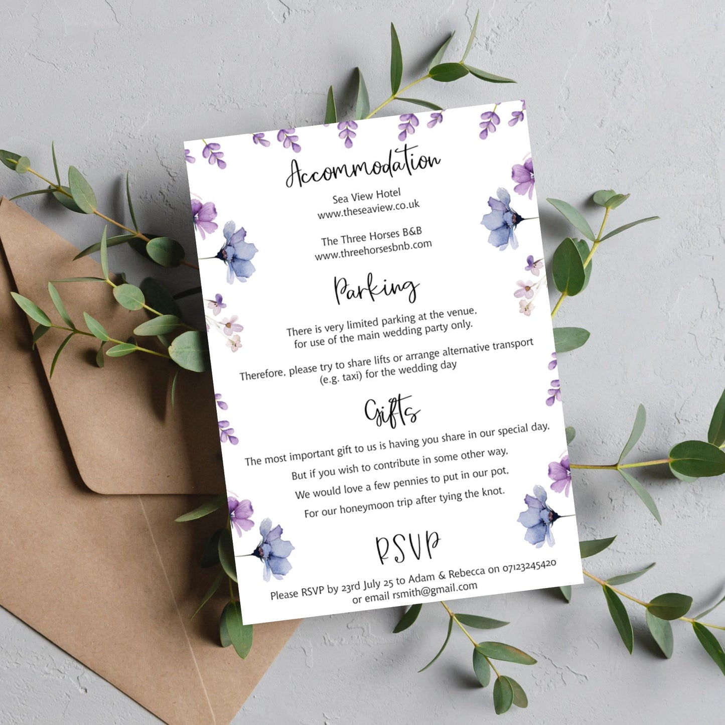 Wild Flowers Wedding Invitation with Information & Menu Choices