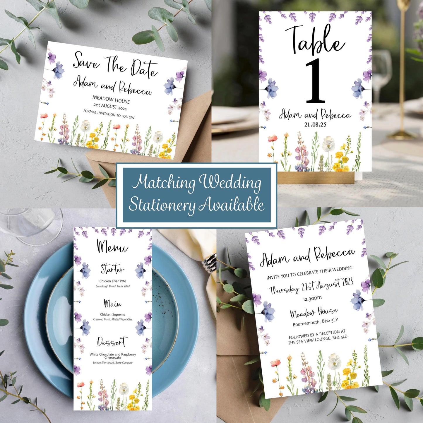 Wild Flowers Wedding Invitation with Information & Menu Choices