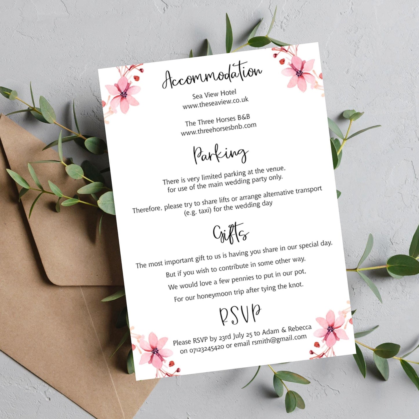 Floral Wedding Invitation with Information and Menu Choices ...