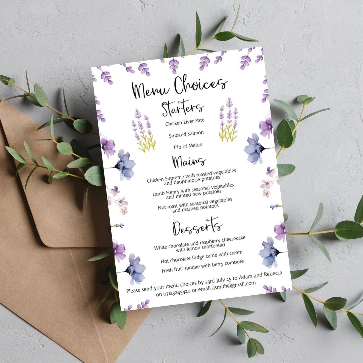 Wild Flowers Wedding Invitation with Information & Menu Choices