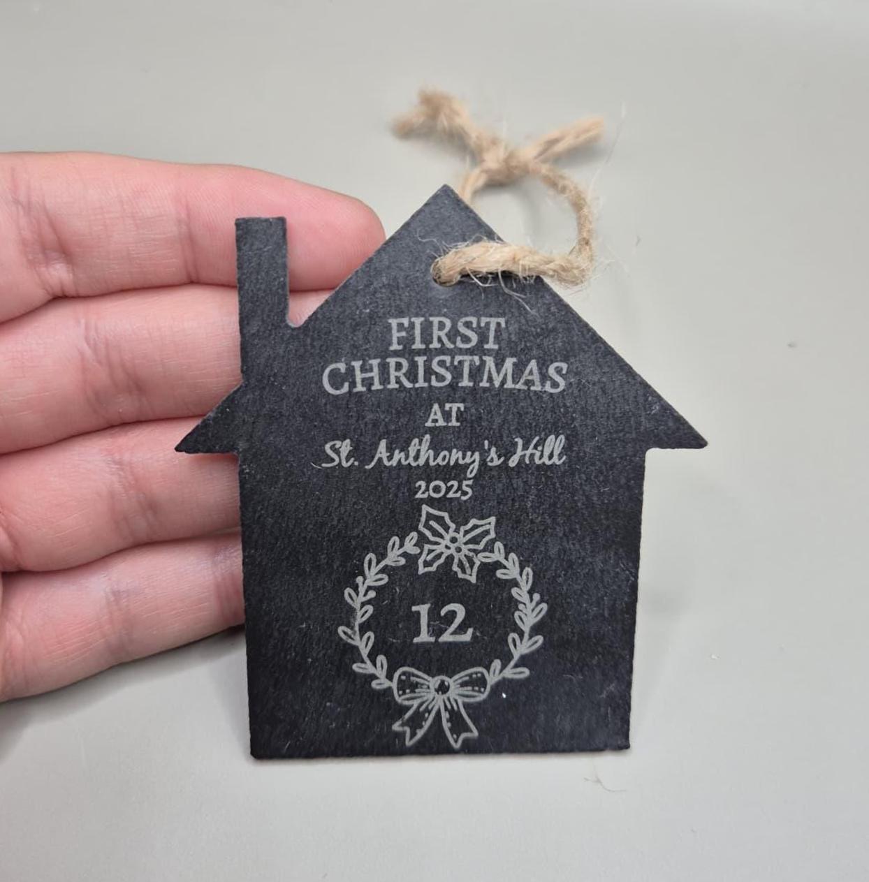 First Christmas in New Home Bauble, First Christmas Engraved Bauble, Christmas Decoration for New Home, Personalised House Slate Bauble