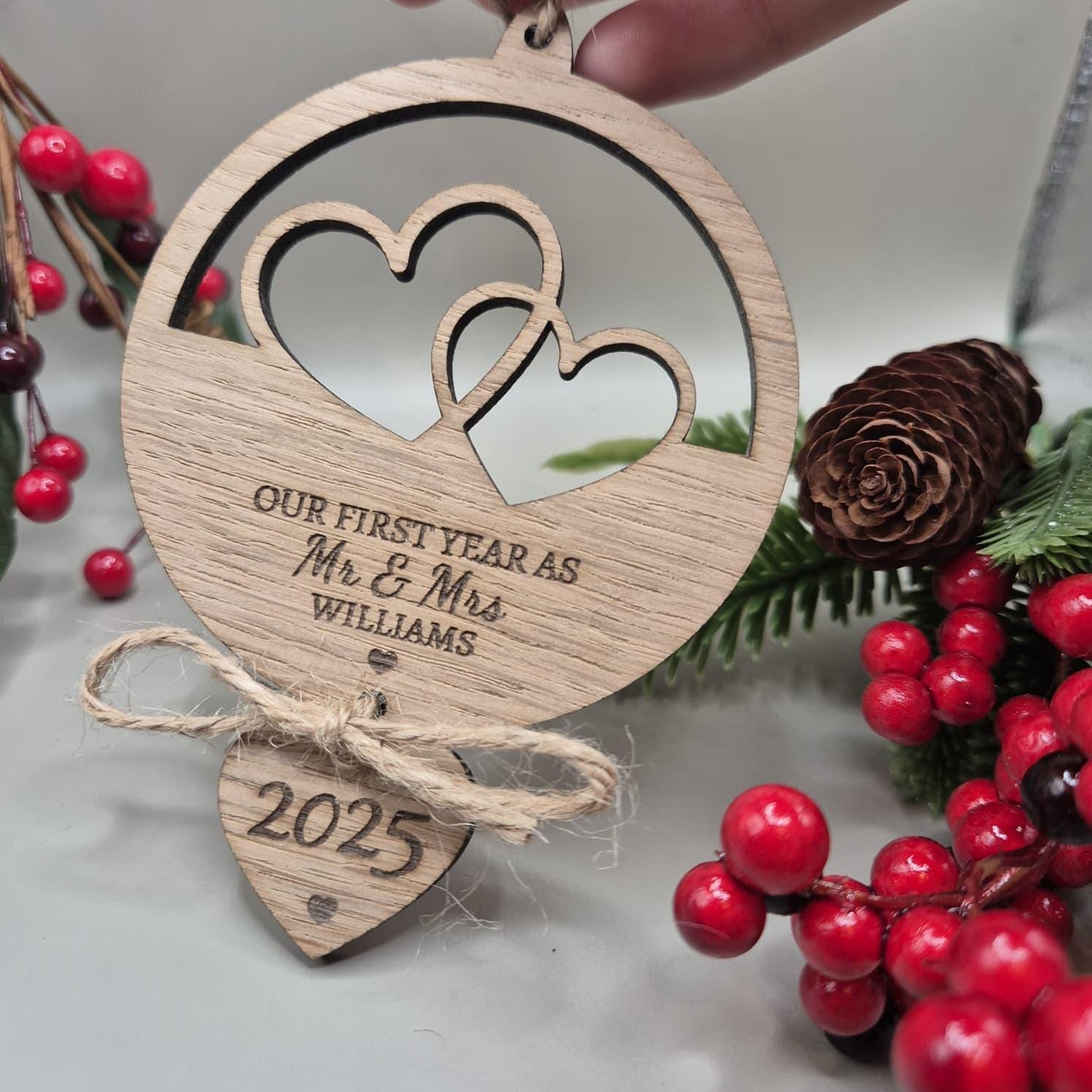 First Christmas Married Bauble, First Christmas as Mr & Mrs, Wooden Engraved Bauble, Personalised Wedding Gift, Wedding Christmas Bauble