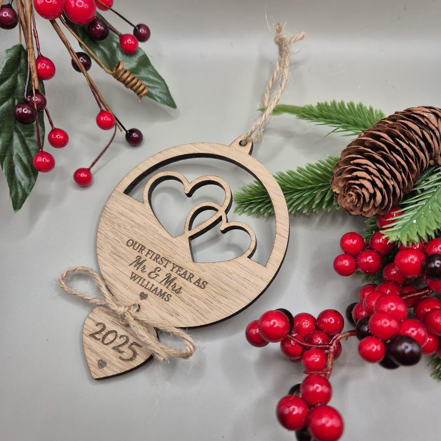 First Christmas Married Bauble, First Christmas as Mr & Mrs, Wooden Engraved Bauble, Personalised Wedding Gift, Wedding Christmas Bauble
