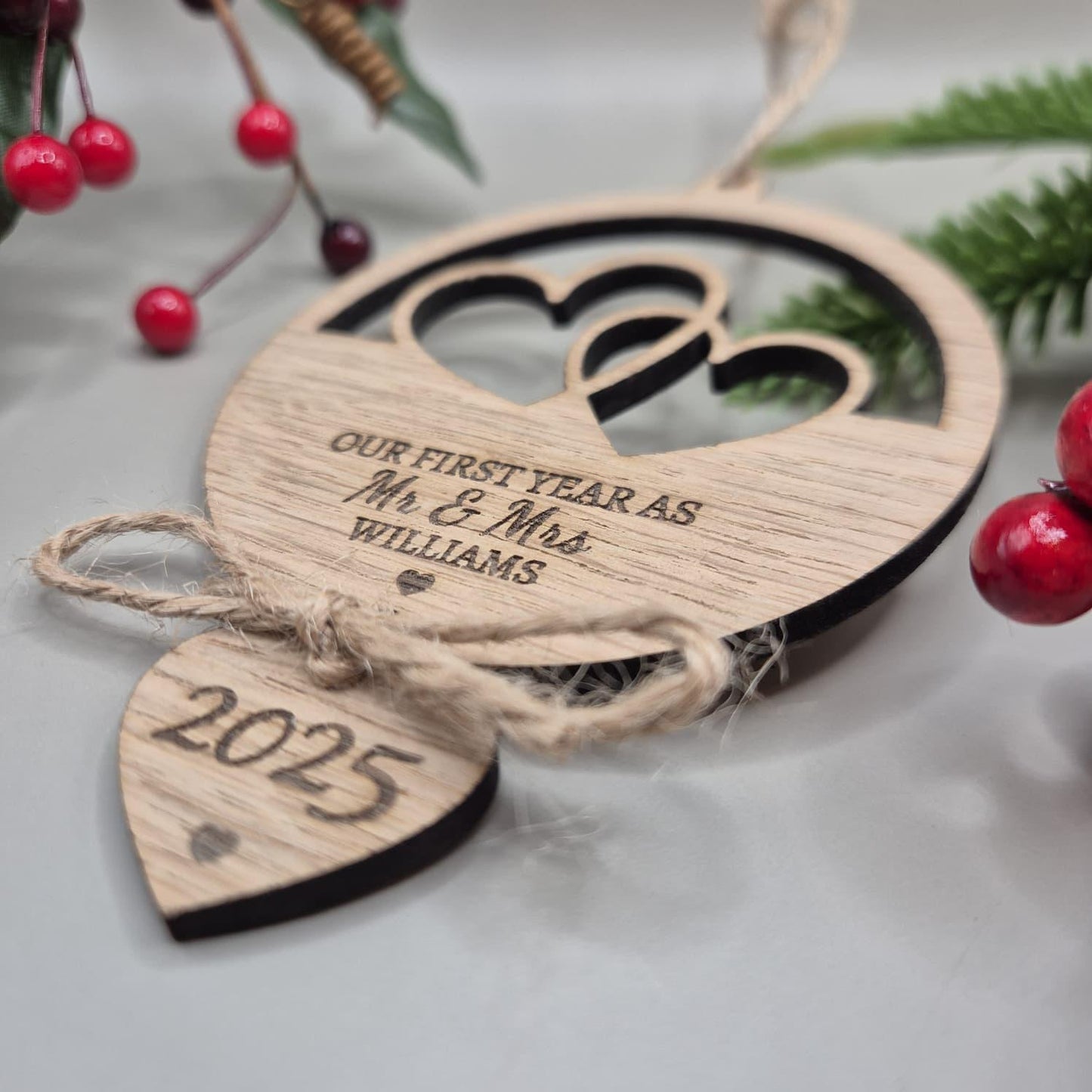 First Christmas Married Bauble, First Christmas as Mr & Mrs, Wooden Engraved Bauble, Personalised Wedding Gift, Wedding Christmas Bauble