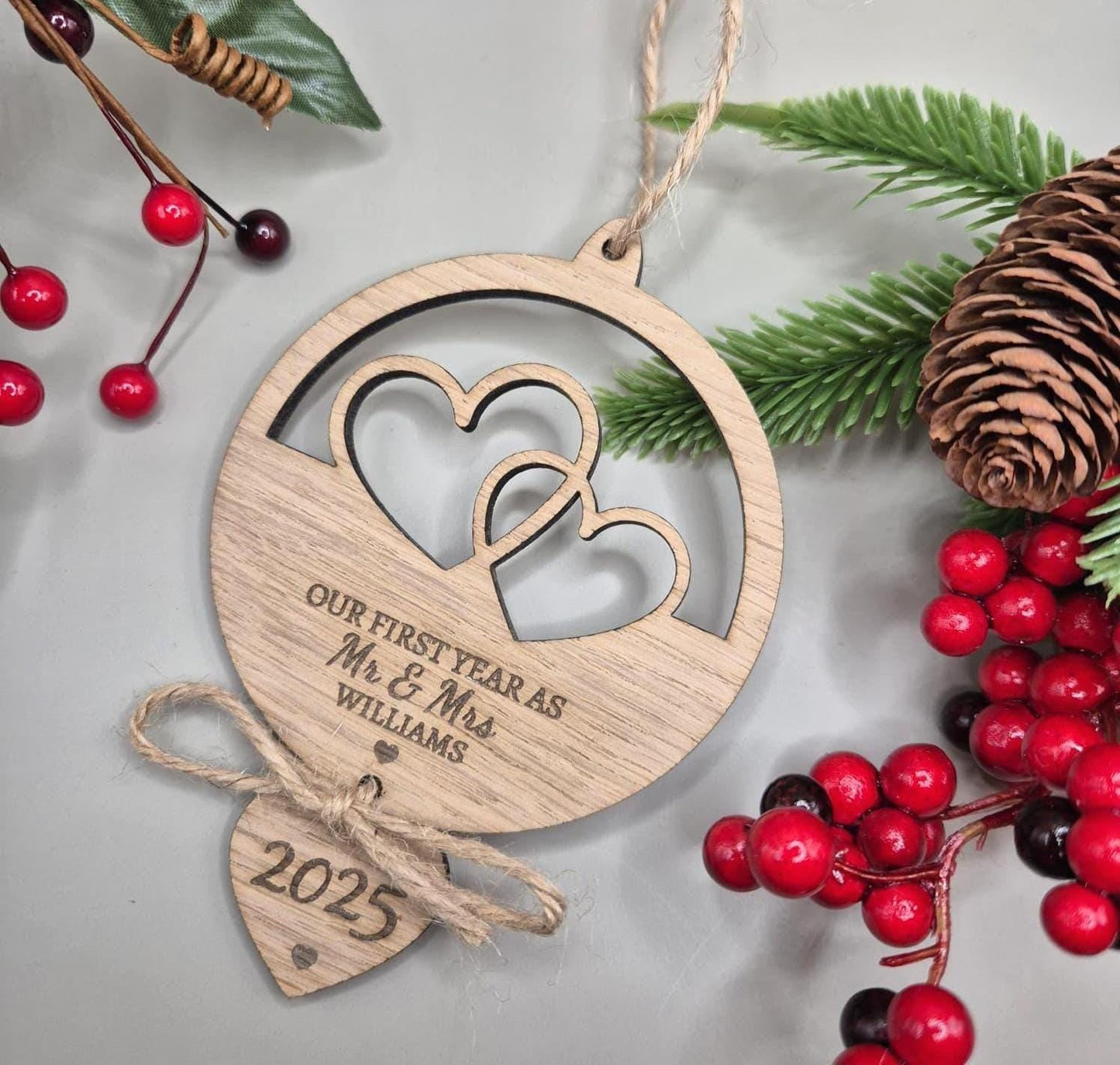 First Christmas Married Bauble, First Christmas as Mr & Mrs, Wooden Engraved Bauble, Personalised Wedding Gift, Wedding Christmas Bauble