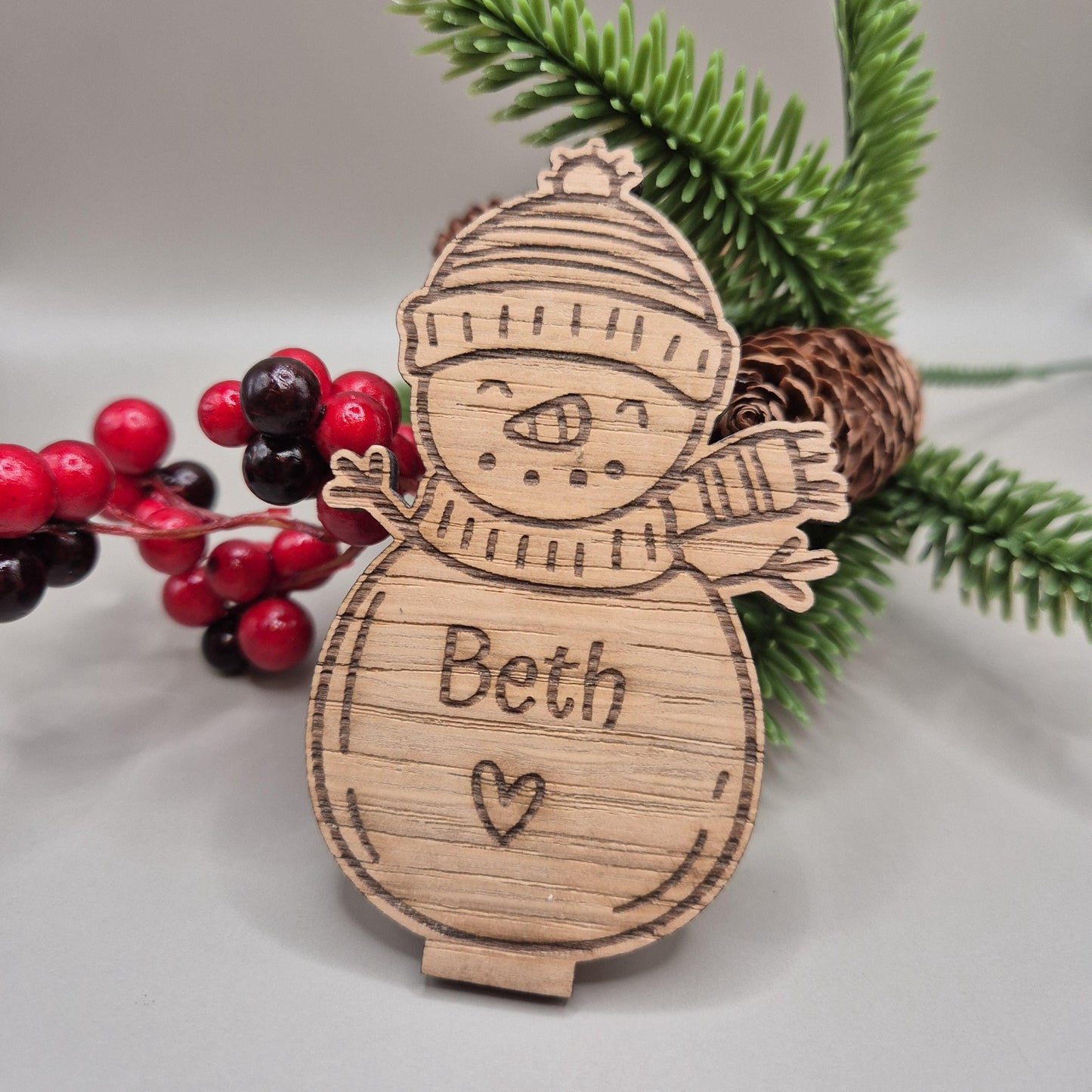 Personalised Oak Snowman: Christmas Place Setting, Festive Table Decor