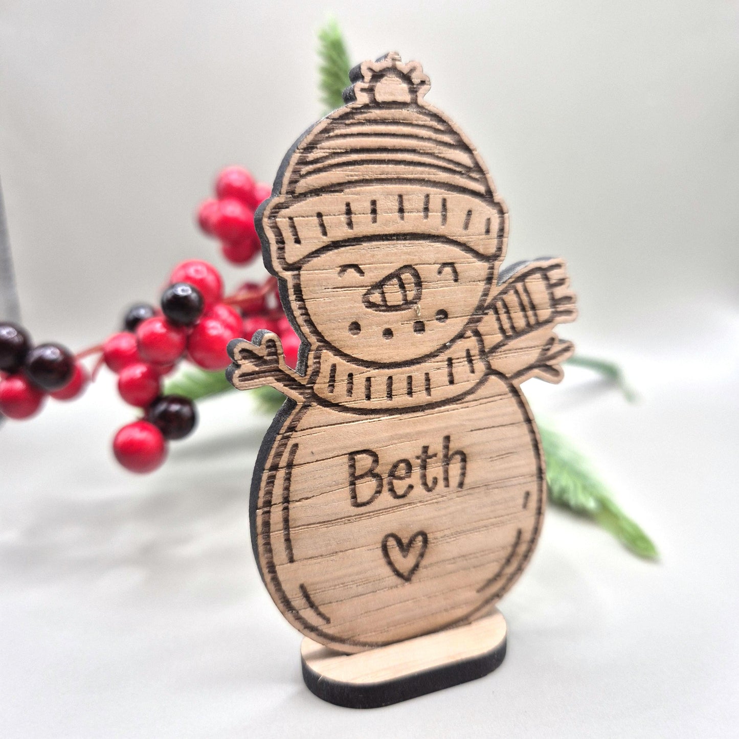Personalised Oak Snowman: Christmas Place Setting, Festive Table Decor
