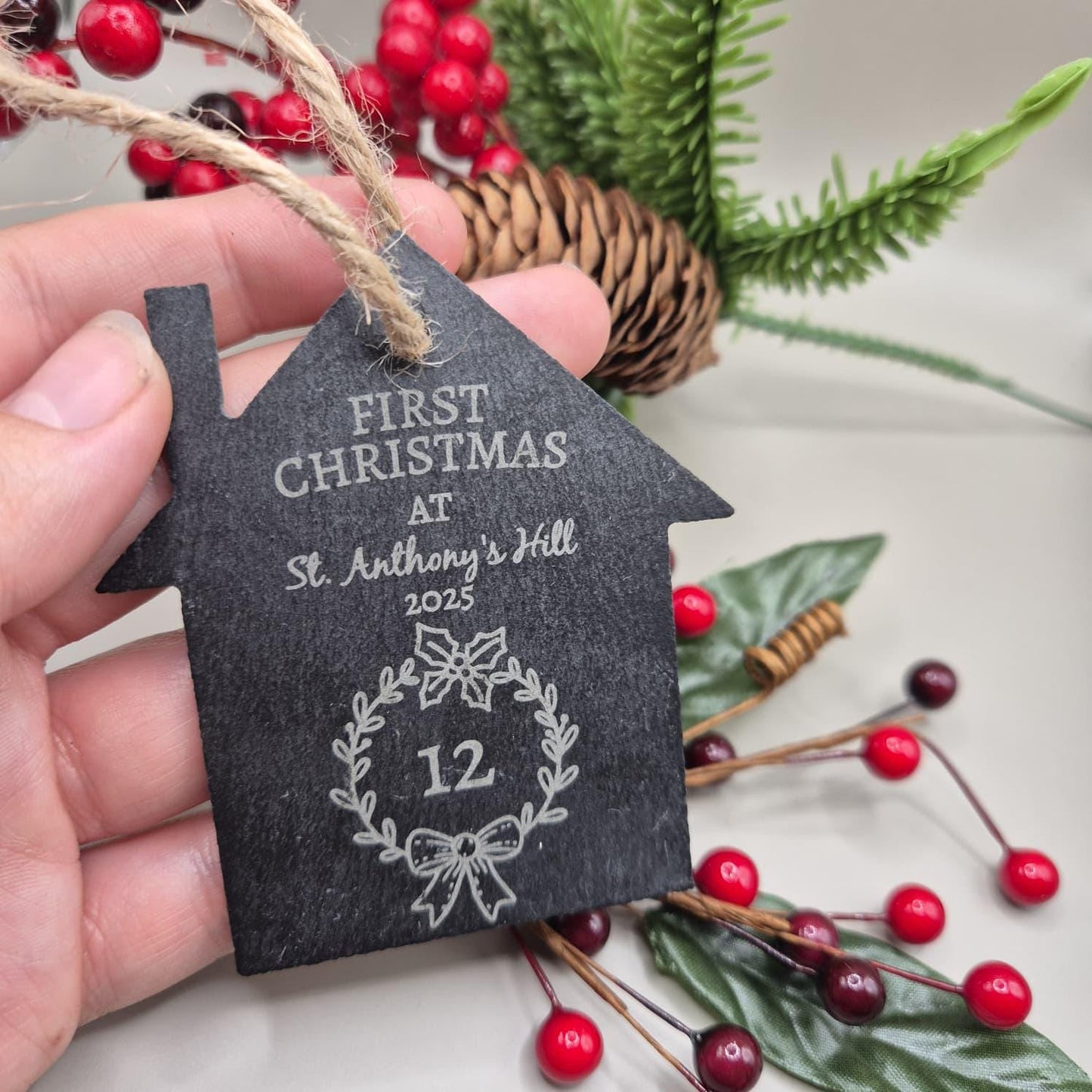 First Christmas in New Home Bauble, First Christmas Engraved Bauble, Christmas Decoration for New Home, Personalised House Slate Bauble