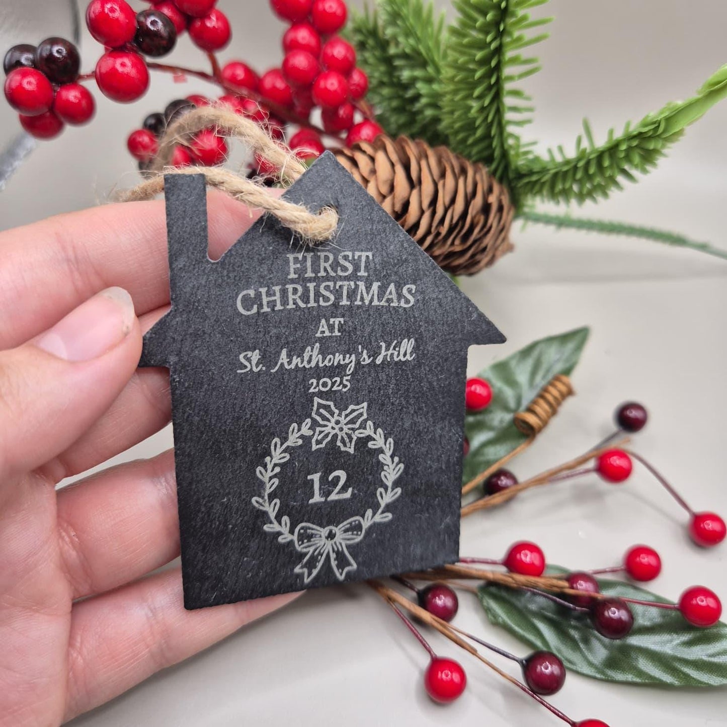 First Christmas in New Home Bauble, First Christmas Engraved Bauble, Christmas Decoration for New Home, Personalised House Slate Bauble