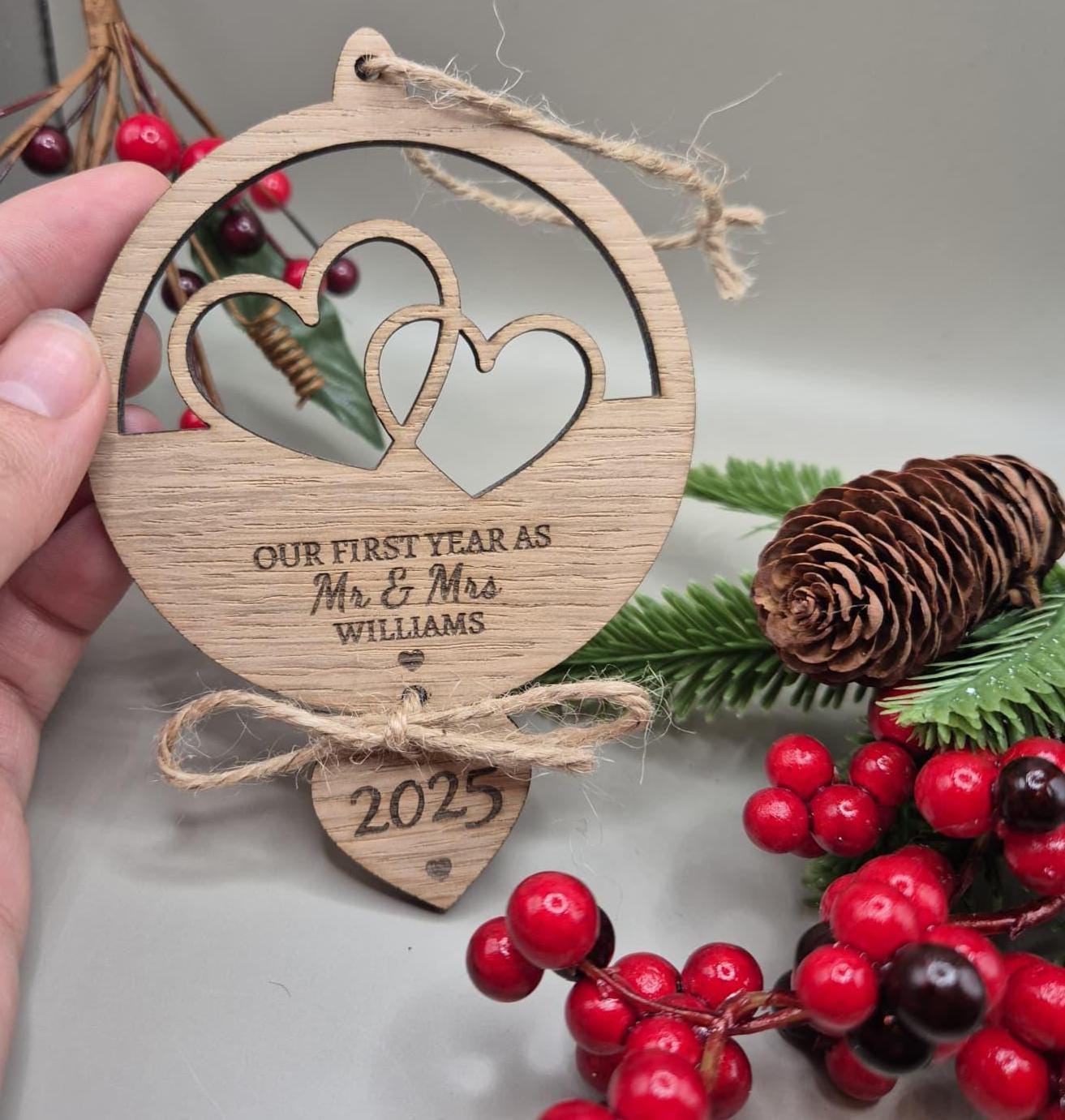 First Christmas Married Bauble, First Christmas as Mr & Mrs, Wooden Engraved Bauble, Personalised Wedding Gift, Wedding Christmas Bauble