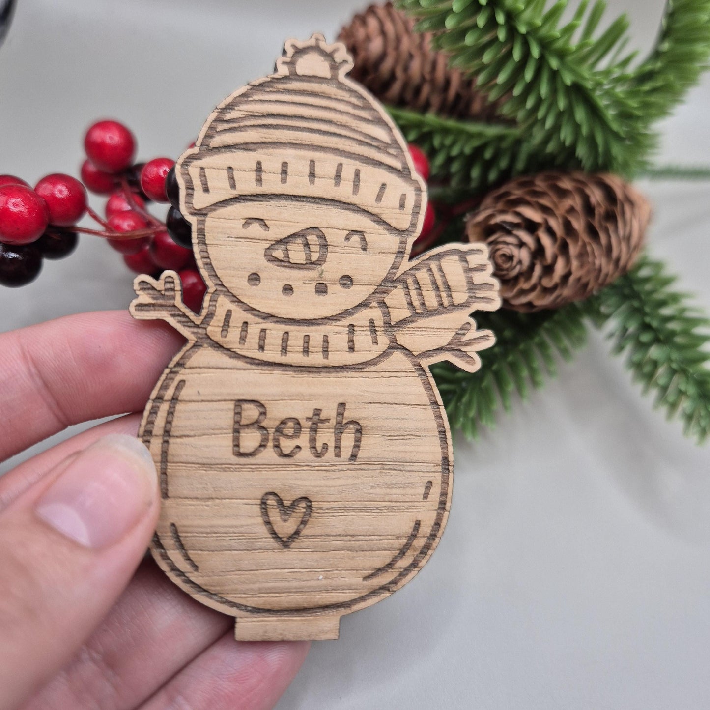 Personalised Oak Snowman: Christmas Place Setting, Festive Table Decor