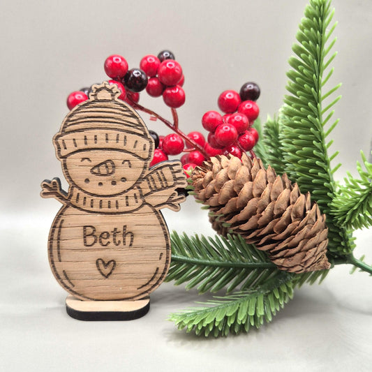 Personalised Oak Snowman: Christmas Place Setting, Festive Table Decor