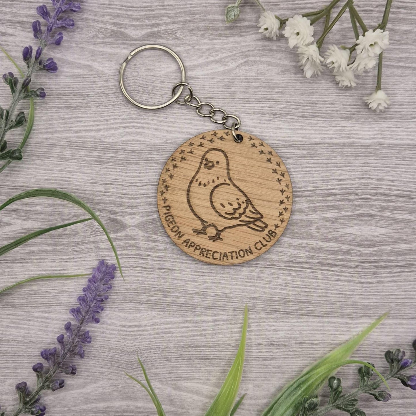 Pigeon Keyring: Engraved Pigeon Appreciation Club Keychain