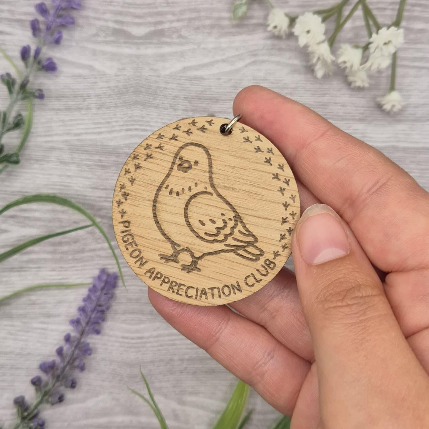 Pigeon Keyring: Engraved Pigeon Appreciation Club Keychain