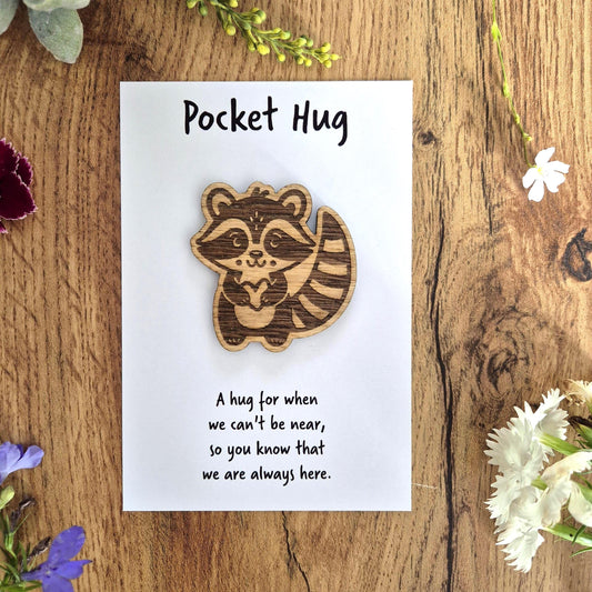 Engraved wooden raccoon pocket hug. The perfect gift to say I'm thinking of you, or to give someone a hug through the post.