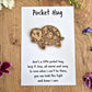 Wooden tortoise 'Pocket Hug' on a white card with thoughtful text on. 